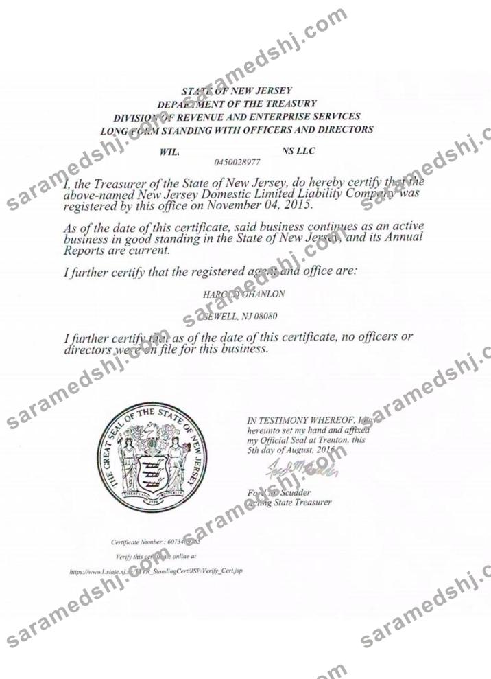 USA New Jersey certificate of good standing
